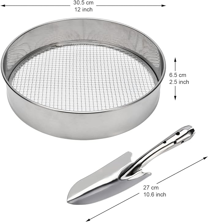 Soil Sieve Stainless Steel Riddle Sieve Set, 12" Diameter, with 3 Interchangeable Filter Mesh Sizes 3,6,9mm and Shovel