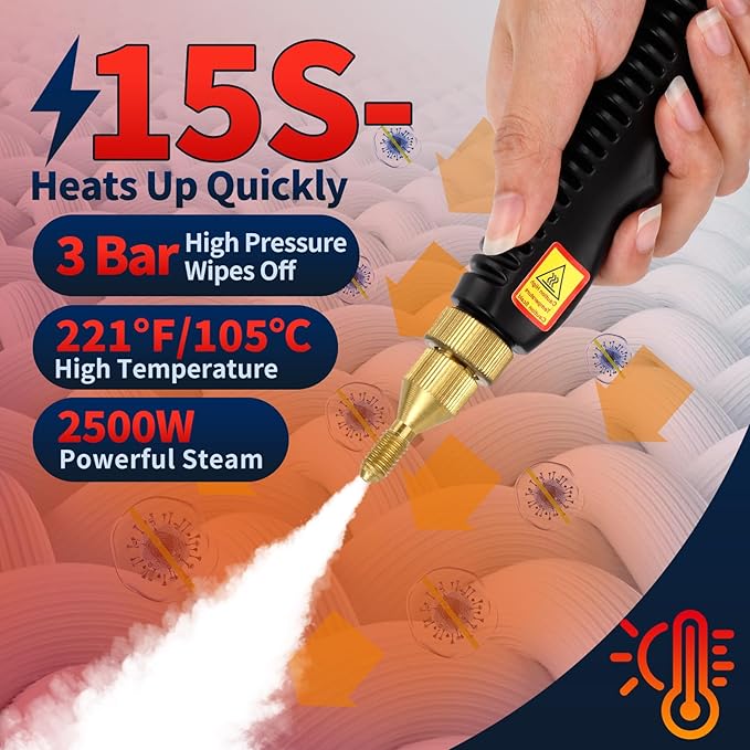 Handheld Steam Cleaner, 2500W High Pressure Steamer for Cleaning Portable Cleaning Machine with 3 Brush and 1000ml Tank for Kitchen, Floor,Toilet, Bathroom, Car Seats,Windows