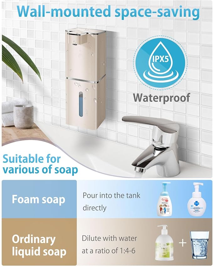 Automatic Soap Dispenser Touchless Foaming Soap Dispenser 300ml/12.8oz Rechargeable, Wall Mounted 4 Levels Adjustable Foam Soap Pump for Bathroom Kitchen Dish Soap