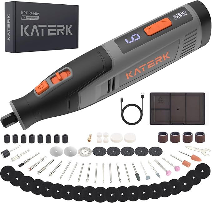 Katerk Cordless Rotary Tool, 4000mAh Battery, 6-Speed, 28000RPM, Rotary Tool Kit with 70 Accessories Light duty Engraving Pen for Sanding, Polishing, Drilling, Etching, Grinding, Wood Carving