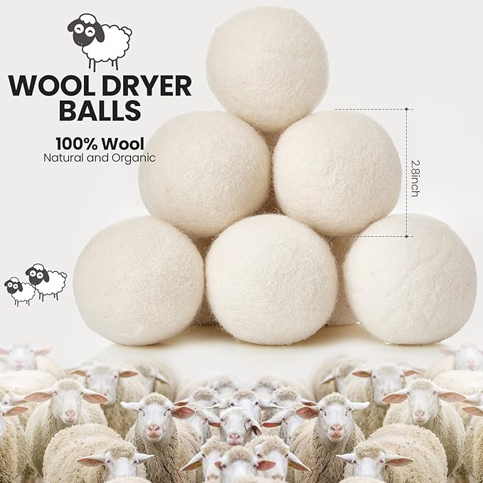 Roowest 24 Pcs Wool Dryer Balls Set Reusable Laundry Wool Balls with Muslin Bags Fabric Softener Anti Wrinkle Anti Static Saving Energy and Time