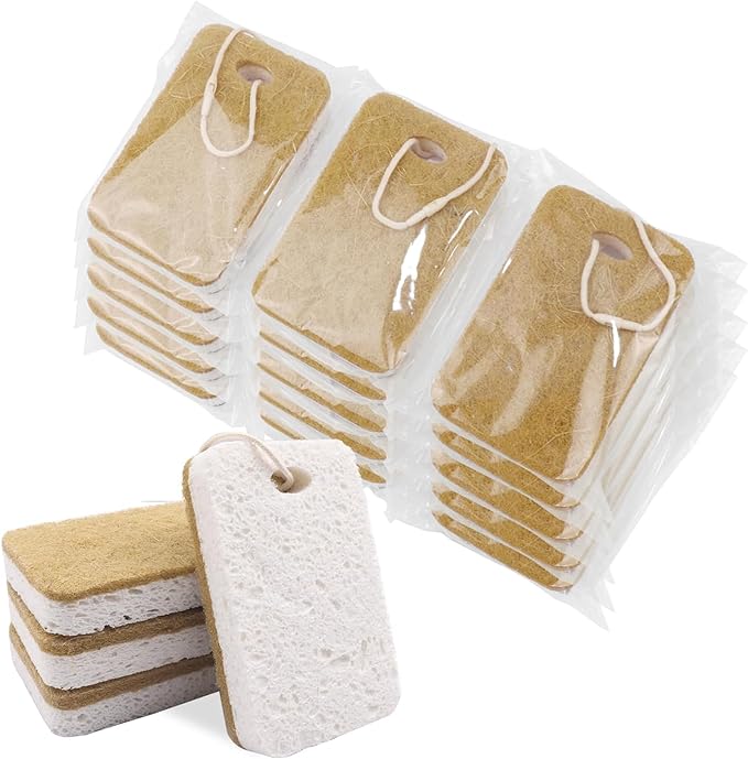 Natural Sponge, Sponges Individually Wrapped, Non Scratch Kitchen Cleaning Sponge Scouring Pad Cellulose Coconut Scrubbing Sponge for Washing Dishes (Pack of 50 - Yellow)