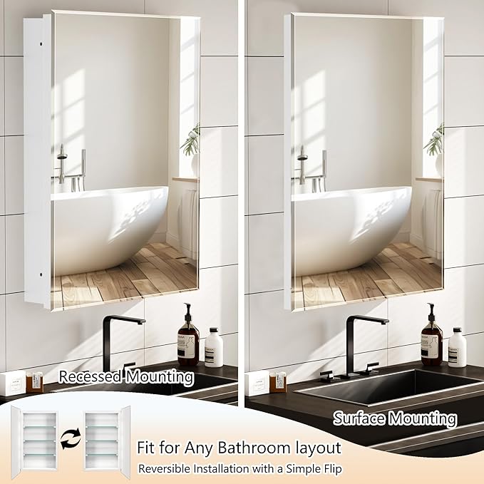 Bathroom Medicine Cabinet with 16x26 in Rectangular Beveled Frameless Mirror,Wall Mounted Mirror Cabinet for Bathroom Toilet Kitchen,Recess or Surface Mount,Already Assembly
