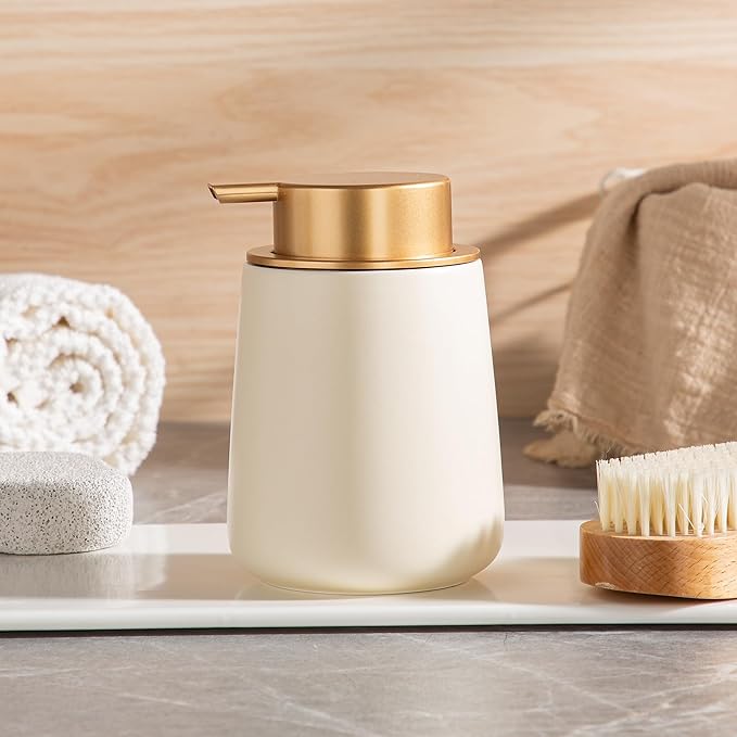 Enra Ceramic Soap Dispenser,12 oz Hand Lotion Dispenser with Gold Pump,Refillable Dish Soap Dispenser,Modern Liquid Soap Dispenser for Bathroom,Kitchen with Easy-to-Press Pump(Beige Liquid Glod Pump)