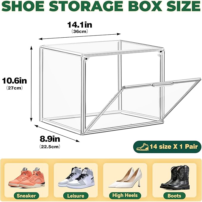 4 Pack X-Large Shoe Boxes Clear Plastic Stackable Storage Box Size 14 Thicken Sneaker Shoes Containers with Magnetic Door Acrylic Display Case Organizer for Closet
