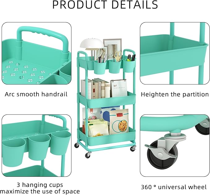 JIUYOTREE 3-Tier Plastic Rolling Storage Cart Utility Cart with Extra Hanging Cups Handles Lockable Wheels for Living Room Bathroom Kitchen Office Green