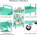 JIUYOTREE 3-Tier Plastic Rolling Storage Cart Utility Cart with Extra Hanging Cups Handles Lockable Wheels for Living Room Bathroom Kitchen Office Green