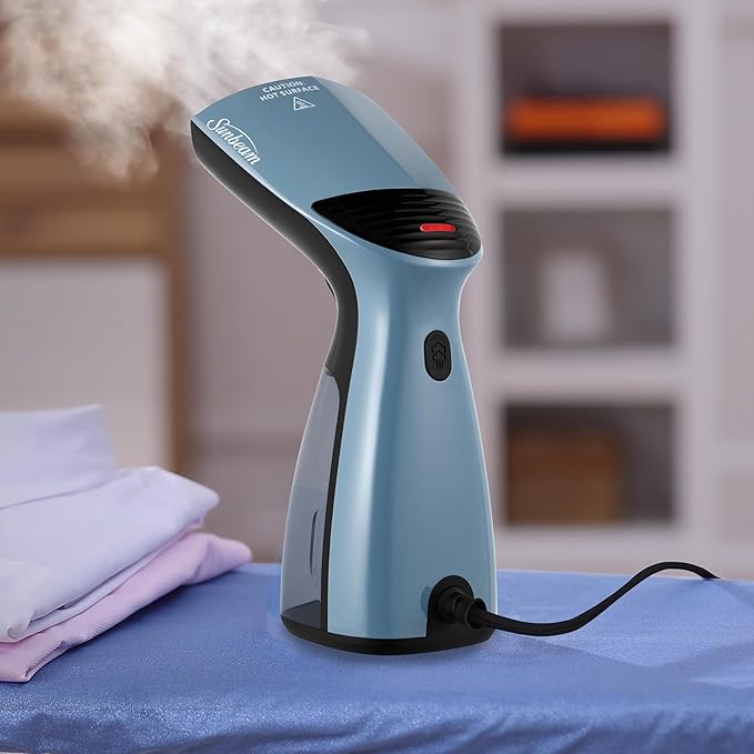 Sunbeam 1000W Compact Handheld Steamer for Clothes, Portable, Travel Steamer, Non-Stick Head, 30s Heat Up, 8 Minutes Continuous Steam, 110ml Water Tank, Bristle Brush, Storage Bag, Blue/Black