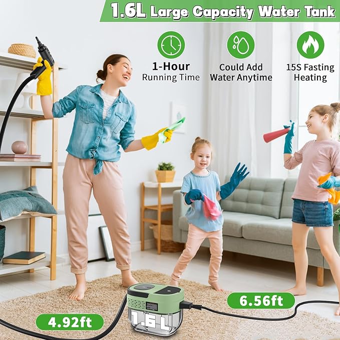 Handheld Steam Cleaner for Home, 2500W High Temperature Pressurized Machine, 1.6L Water Tank, Handle-Controlled Steam Output, Portable Cleaning Steamer for Car, Bed Bugs, Furniture, Grout (Green)