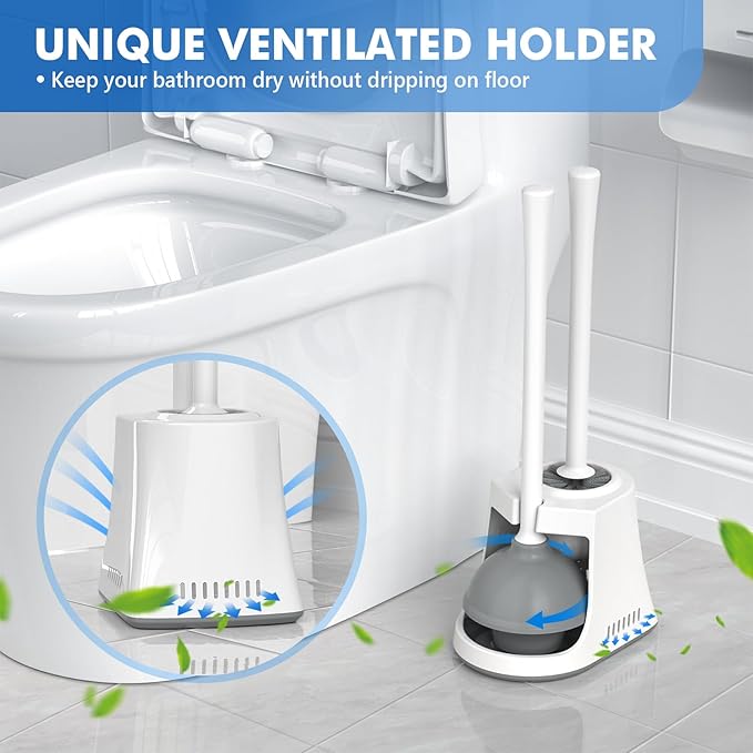 Toilet Plunger and Brush, Bowl Brush and Heavy Duty Toilet Plunger Set with Ventilated Holder, 2-in-1 Toilet Brush and Plunger Combo for Bathroom Cleaning（2 Pack, White）