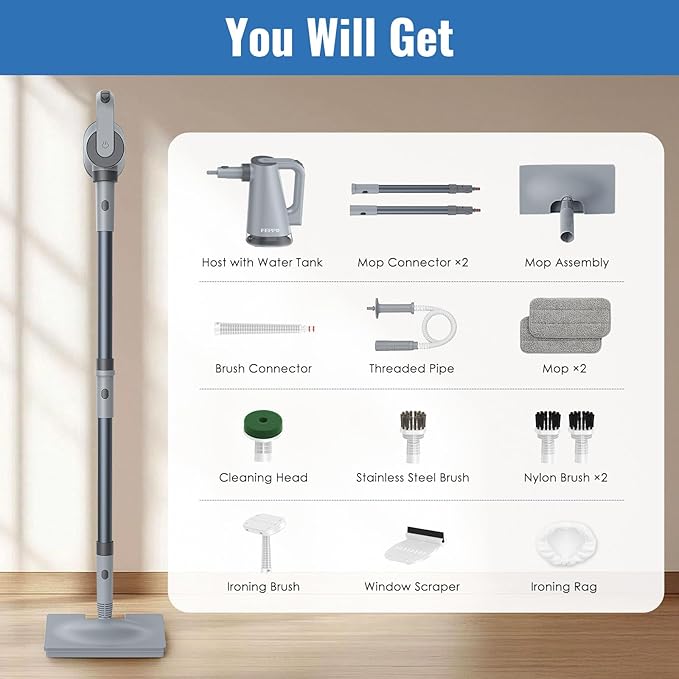 FEPPO Steam Mop with Detachable Handheld Steam Cleaner for Home and Floor Cleaning, 10-in-1 Multi-purpose Attachments & 2 Pads, Powerful Steamer for Floors, Hardwood, Tiles,Grout,Windows,Kitchen,Bath
