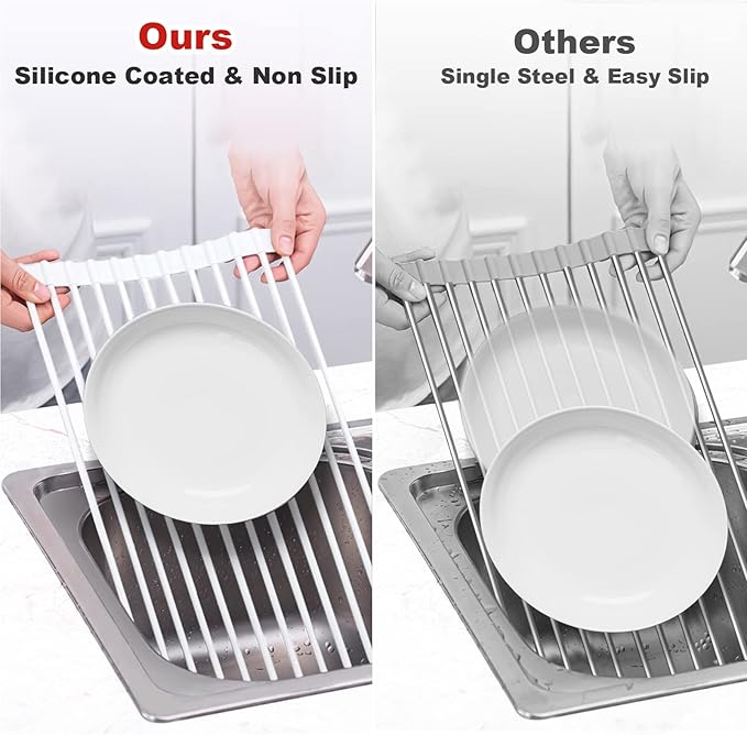 MERRYBOX Roll Up Dish Drying Rack Silicone Wrapped Over The Sink Dish Rack Foldable Dish Drainer Anti-Slip Dish Racks for Kitchen Counter, Multipurpose Kitchen Sink Drying Rack, 20.5" x 13", White