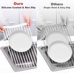 MERRYBOX Roll Up Dish Drying Rack Silicone Wrapped Over The Sink Dish Rack Foldable Dish Drainer Anti-Slip Dish Racks for Kitchen Counter, Multipurpose Kitchen Sink Drying Rack, 20.5" x 13", White