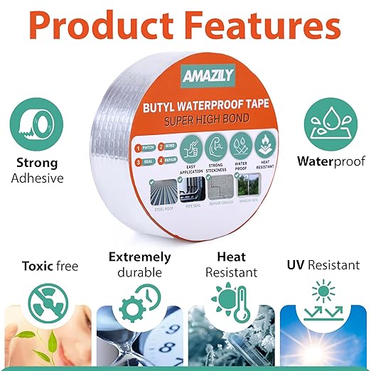 Premium 2in x 32ft Butyl Waterproof Tape - Duct Pipe Sealant Tape Repair Seal Leak Pipe Aluminium Rubber Sealer Window Silicon Metal Silicon Sealing Adhesive Roof