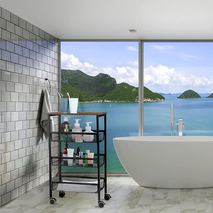 Kitchen Storage Rolling Cart, 4-Tier Kitchen Island Cart on Wheels with Wooden Shelves, Lockable Utility Cart with Mesh Baskets for Narrow Space on Dining Room Bathroom，Black