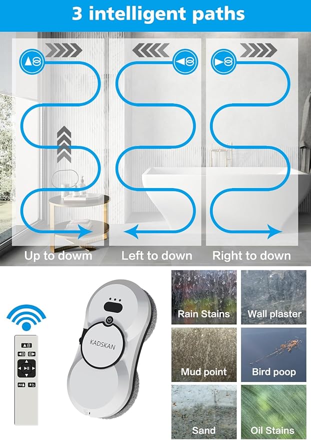 Window Cleaning Robot, Automatic Window Cleaner with Water Spray for Windows/Tiles/Class Door, Inside/Outside, 5600Pa Suction Power, 3.0 Path Planning, Remote Control