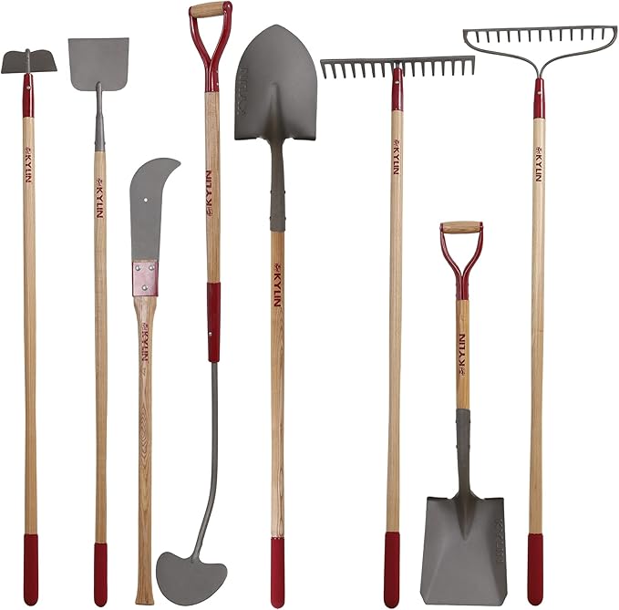 KYLIN Landscaping Shovel Rake Tools Set Heavy Duty Yard Digging Shovels Garden Hoe Long Ash Handle Forged Scraper Bush Hook for Professional-Grade 8 Pieces Lawn Tools