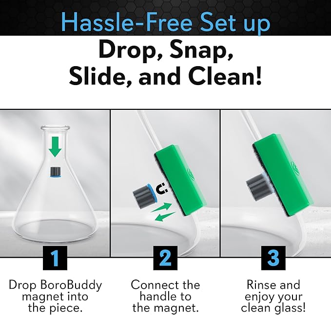 Magnetic Glass Cleaner BoroBuddy Pro | Cleans Hard to Reach Stains on Glass, Ceramic, Metal Pieces of All Shapes & Sizes | Glass Pieces, Bottles, Glassware | Free Scrubber Pads | Green