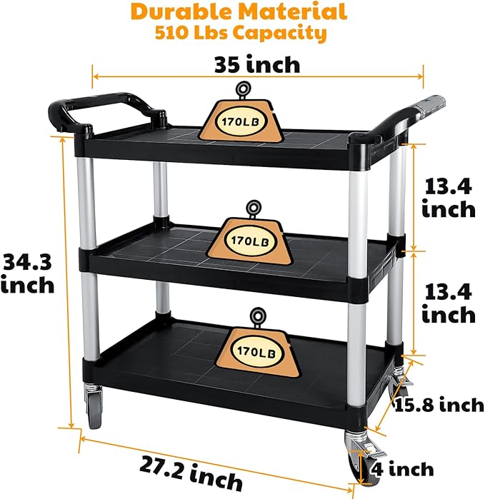 Plastic Utility Cart with Wheels, 3 Tier Rolling Cart with Lockable Wheels, Heavy Duty 510lbs Capacity Food Service Cart for Office, Restaurant, Kitchen, Home, Warehouse
