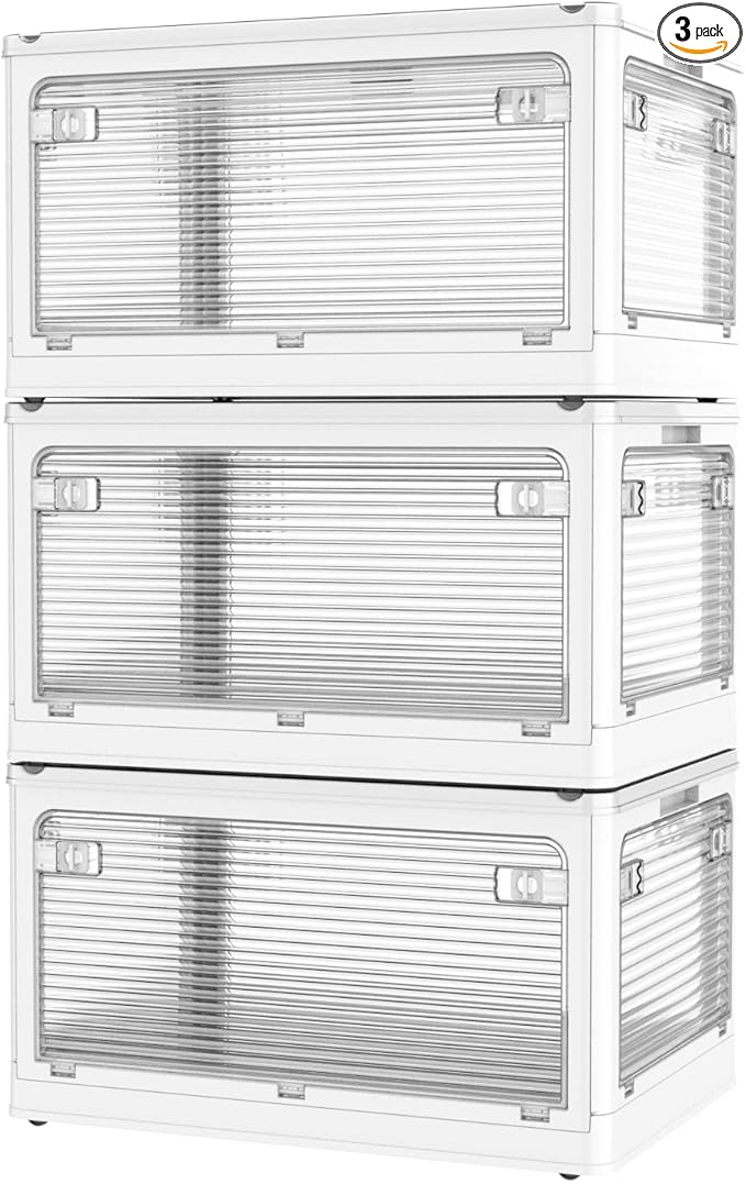 3 Pack Foldable Storage Bins, 8Gal Collapsible Storage Bins with 5 Opening Ways, Folding Storage Boxes, Foldable Storage Cubes for Clothing, Books, White