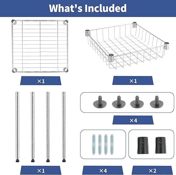 HealSmart 2-Tier Shelving Unit, 15" W x 13.8" D x 15" H Wire Metal Stackable Storage with Basket, Chrome