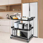 Plastic Utility Carts with Wheels, 3-Tier Restaurant Cart, Heavy Duty Rolling Cart Food Service Cart 420LBS, Bus Cart with Lockable Wheels and Rubber Hammer for Warehouse/Kitchen, Black