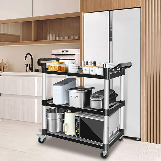 Plastic Utility Carts with Wheels, 3-Tier Restaurant Cart, Heavy Duty Rolling Cart Food Service Cart 420LBS, Bus Cart with Lockable Wheels and Rubber Hammer for Warehouse/Kitchen, Black