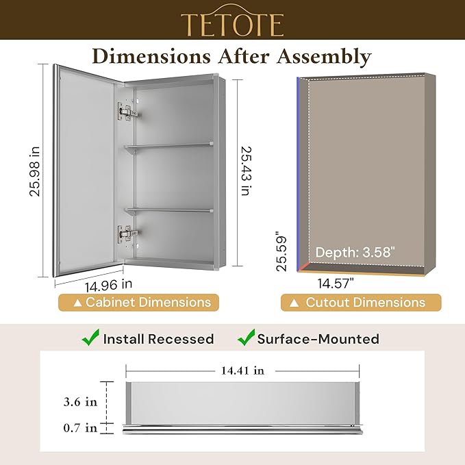 TETOTE 15 x 26 Bathroom Mirror with Storage with Tempered Beveled Mirror Silver Medicine Cabinet Aluminum Cabinet DTC Hinges, Stepless Adjustable Shelves, Recessed/Surface-Mounted