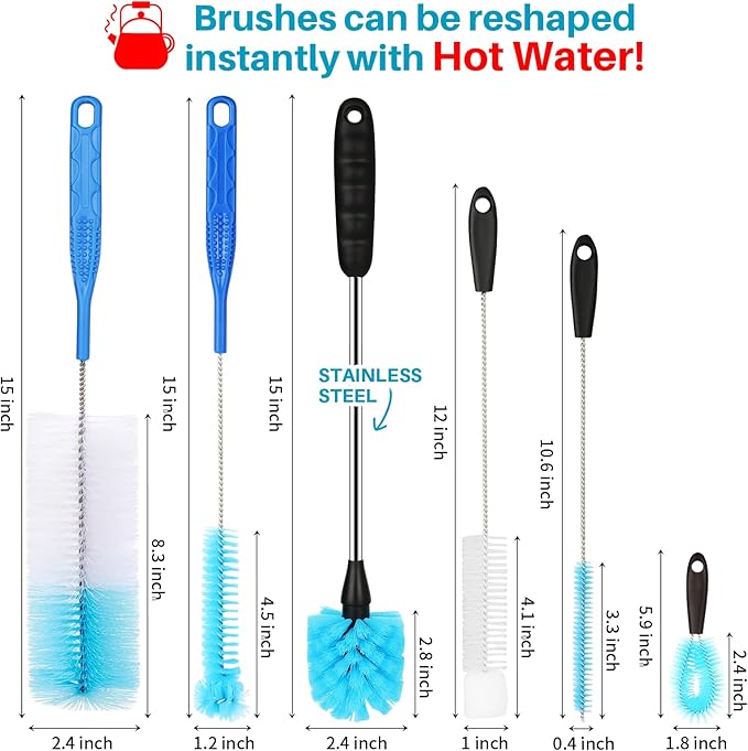 6 Pack Bottle Brush Narrow Neck Cleaning Set, Long Handle Stainless Steel Water Bottle Cleaner Brush for Washing Beer Bottle, Wine Decanter, Cup, Pipes Sinks, Straw, Cup Cover.