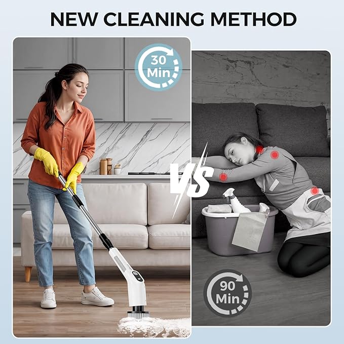 Electric Spin Scrubber, Shower Cleaning Brush with 8 Replaceable Brush Heads, IPX7 Waterproof & 50KGF High-Torque Motor, Adjustable Long Handle, for Bathroom, Kitchen, Tile & Floor Cleaning