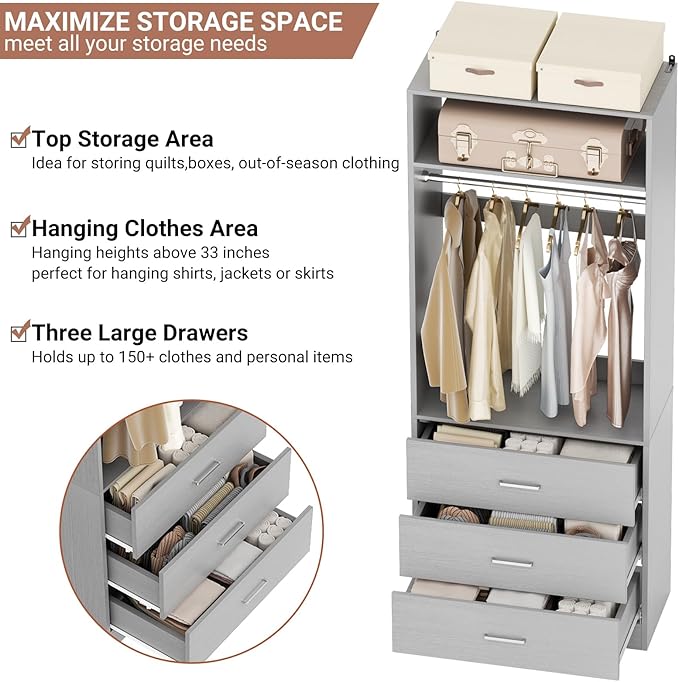 Besiost Freestanding 2FT Closet System with 3 Wood Drawers, 24" Closet Organizer System with Hanging Rod & Shelves, Walk-in Closet Systems for Small Closets, Grey (24"L x 15" W x 80" H)
