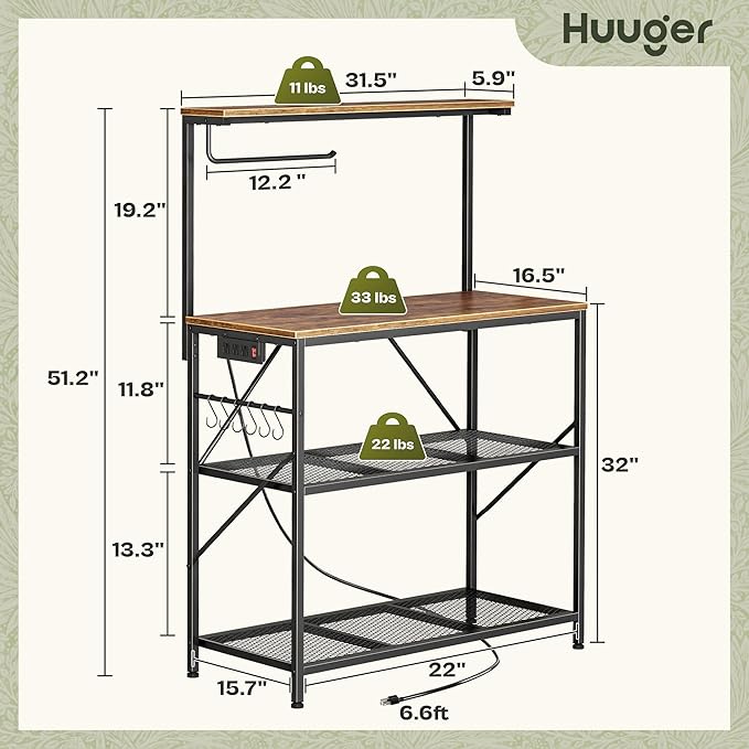 Huuger 4-Tier Bakers Rack with Reversible Power Outlet, 31.5 Inch Microwave Stand, Kitchen Bar, with Top Shelf, 6 S Hooks, Rustic Brown