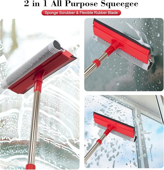 Window Squeegee with 15.7"-27.5" Retractable Stainless Steel Handle, 2-in-1 Windshield Cleaner Tool for Cars, Trucks, Glass Doors, Shower Glass, Outdoor Windows – Window Cleaner (Red)