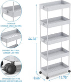 SPACEKEEPER 5-Tier Rolling Cart, Bathroom Storage Organizer Utility Cart, Mobile Shelving Unit Slide Out Shelves for Kitchen Living Room Laundry Room & Dressers,Gray