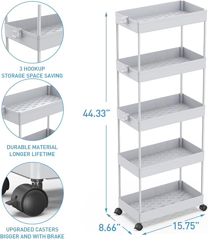 SPACEKEEPER 5-Tier Rolling Cart, Bathroom Storage Organizer Utility Cart, Mobile Shelving Unit Slide Out Shelves for Kitchen Living Room Laundry Room & Dressers,Gray