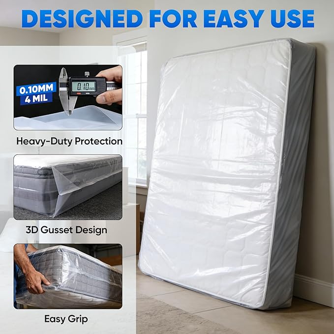 TICONN 2PK Plastic Mattress Bag for Moving Storage, Waterproof Mattress Protector Cover, Heavy-Duty Mattress Moving Supplies (4 mil, King)