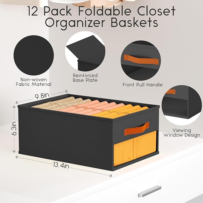Homsorout Drawer Organizers and Storage - 12 Pack Foldable Pants Organizer with Clear Window & Handles, Fabric Closet Organizer for Clothes, Jeans, Sweaters, Towels, T-shirt, Scarf (Black)