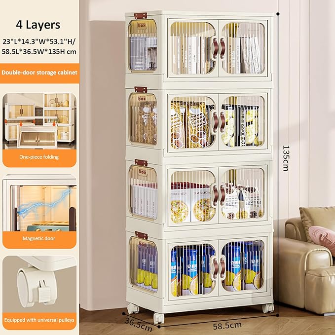 Multi-Purpose Stackable Plastic Storage Bins with Wheels & Lids - Space-Saving Foldable & Collapsible Organizers for Home, Pantry, Office, Dorm, Craft Room & Closet (4 Layers)