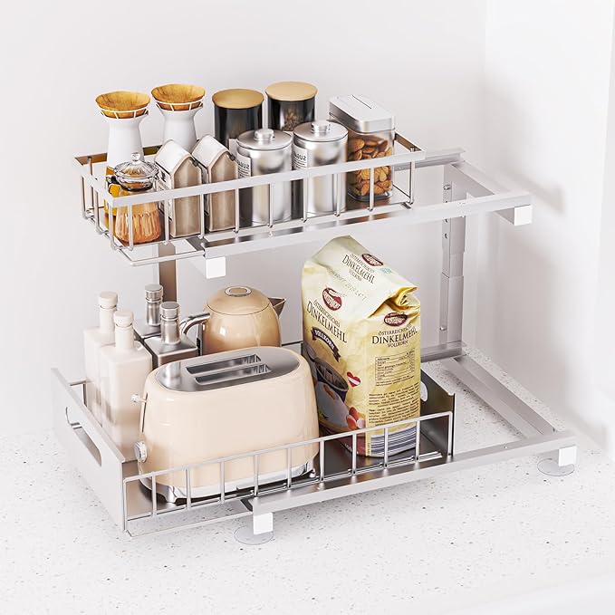 Under Sink Organizer Storage 2-Tier Heavy Duty Metal Pull Out Cabinet Organizer Slide Out Sink Shelf Organizer Height Adjustable, Multi-Purpose Storage Shelf for Kitchen Bathroom (Silver, 1 Pack)
