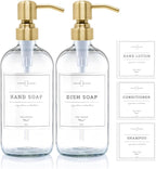 Vine Creations Clear Glass Soap Dispenser, 2 Pack Kitchen Soap Dispenser Set with Stainless Steel Pump, 16 oz Dish Soap and Hand Soap Dispensers for Bathroom with Waterproof Labels