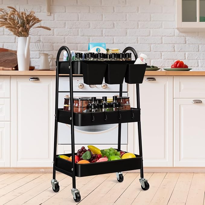 danpinera 3-Tier Rolling Cart, Metal Rolling Storage Cart with Lockable Wheels & Hanging Cups & Hooks, Mobile Trolley Cart for Kitchen, Bathroom, Office, Workshop, Black
