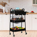 danpinera 3-Tier Rolling Cart, Metal Rolling Storage Cart with Lockable Wheels & Hanging Cups & Hooks, Mobile Trolley Cart for Kitchen, Bathroom, Office, Workshop, Black