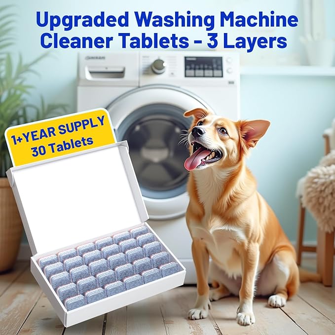 Washing Machine Cleaner Tablets 30 Pack, Upgraded Formulated for Pet Owners, 1+Year Supply, Deep Cleaning Tablet For HE-Front & Top Load Washer, Removes Residue, Grime, Odors and Pet Hair