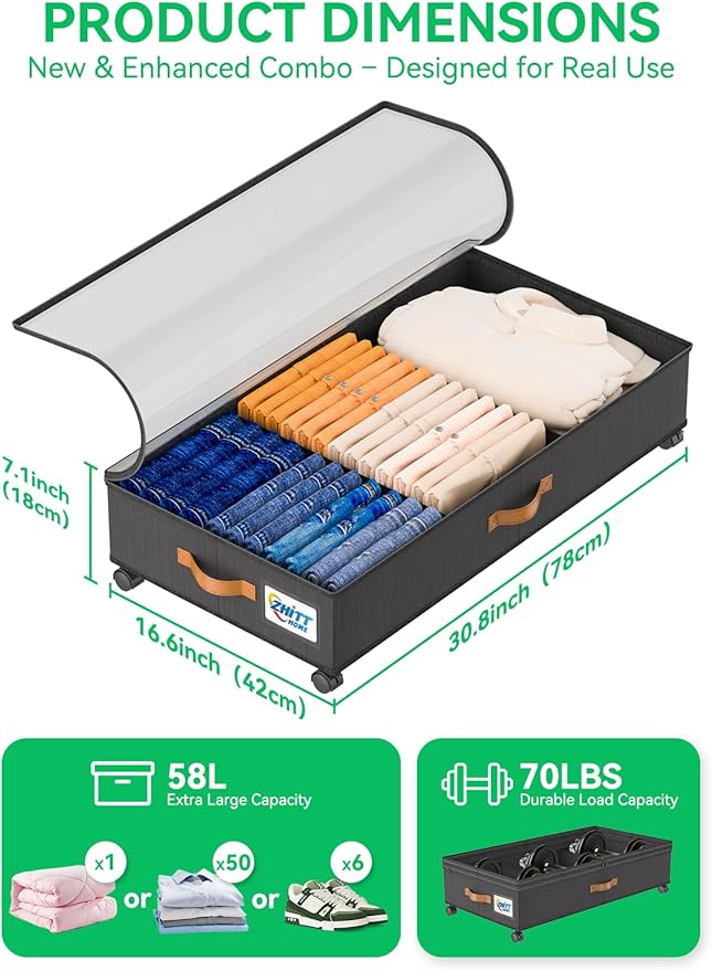 2Pack Under Bed Storage with Wheels, Scalable Under Bed Shoe Storage Containers, Clothes Organizer & Bedroom Furniture Organizers (Basic Style)