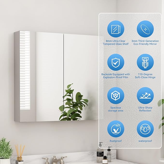Sunrosa Aluminum Bathroom Medicine Cabinet with Mirror Door, 30"×27.5" Bathroom Mirror Cabinet, Wall-mountable and Recessed-in Mirror Cabinet, 2 Doors Medicine Cabinet Organizer II
