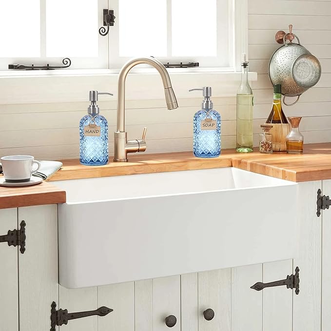 Bathroom & Kitchen Glass Hand and Dish Soap Dispenser with 304 Rustproof Stainless Steel Pump (Blue-2pack)