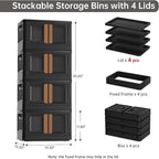 HAIXIN Storage Bins with 4 Lids - 8.4 Gal Closet Cabinet 4 Pack Plastic Stackable Organizers with Front Opening Door Black Foldable Storage Box for Home Garage Office Craft