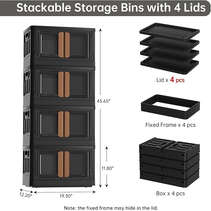 HAIXIN Storage Bins with 4 Lids - 8.4 Gal Closet Cabinet 4 Pack Plastic Stackable Organizers with Front Opening Door Black Foldable Storage Box for Home Garage Office Craft