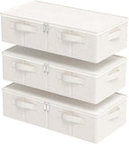 Underbed Storage Box Organizer, Foldable Under Bed Clothes Bags Container, Flat Bins with Lid for Organizing Clothes, Sheets, Blankets, Comforter, 23.6x11.8x5.9in, Beige, 3 Pack