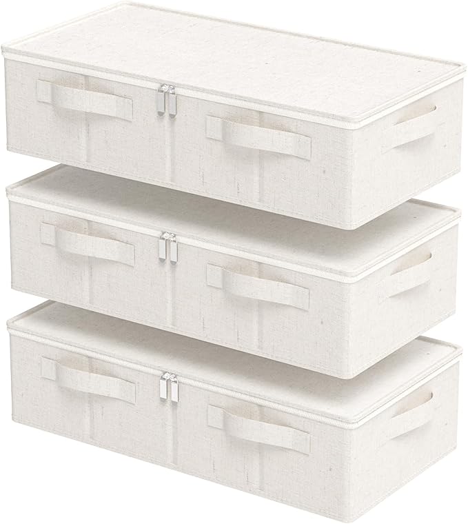 Underbed Storage Box Organizer, Foldable Under Bed Clothes Bags Container, Flat Bins with Lid for Organizing Clothes, Sheets, Blankets, Comforter, 23.6x11.8x5.9in, Beige, 3 Pack
